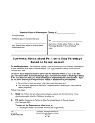 Form FL Parentage380 Summons: Notice About Petition to Stop Parentage Based on Sexual Assault - Washington