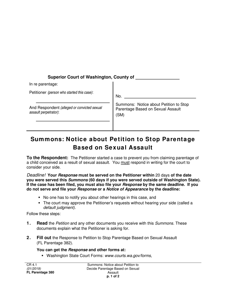Form FL Parentage380 Summons: Notice About Petition to Stop Parentage Based on Sexual Assault - Washington, Page 1
