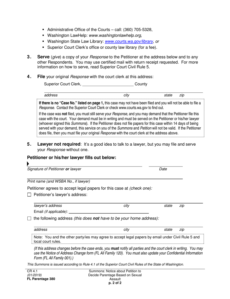 Form FL Parentage380 Summons: Notice About Petition to Stop Parentage Based on Sexual Assault - Washington, Page 2