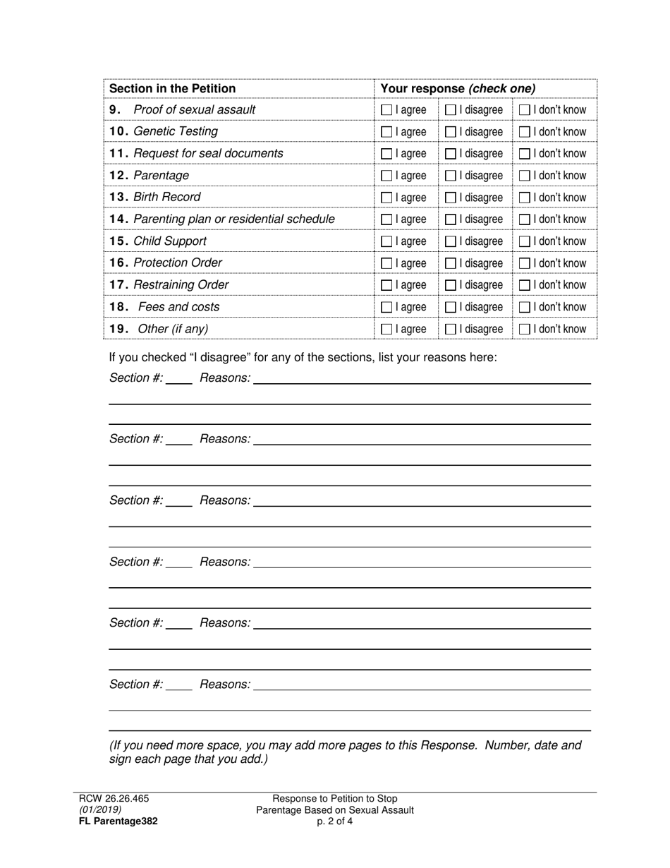 Form FL Parentage382 Response to Petition to Stop Parentage Based on Sexual Assault - Washington, Page 2