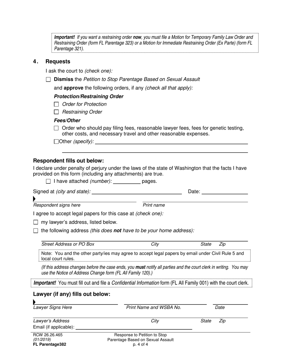 Form FL Parentage382 Response to Petition to Stop Parentage Based on Sexual Assault - Washington, Page 4