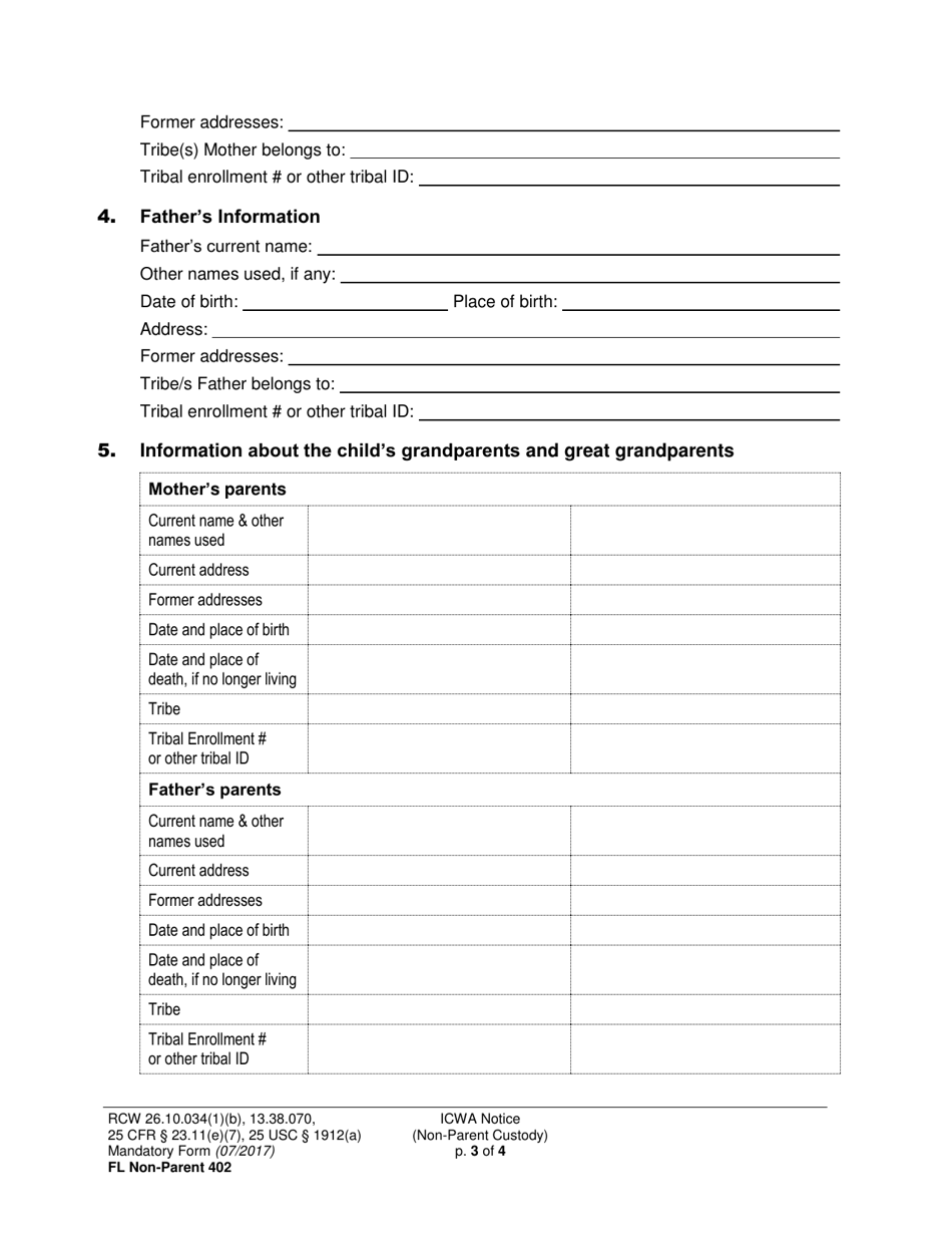 Form FL Non-Parent402 Indian Child Welfare Act Notice (Non-parent Custody) - Washington, Page 3