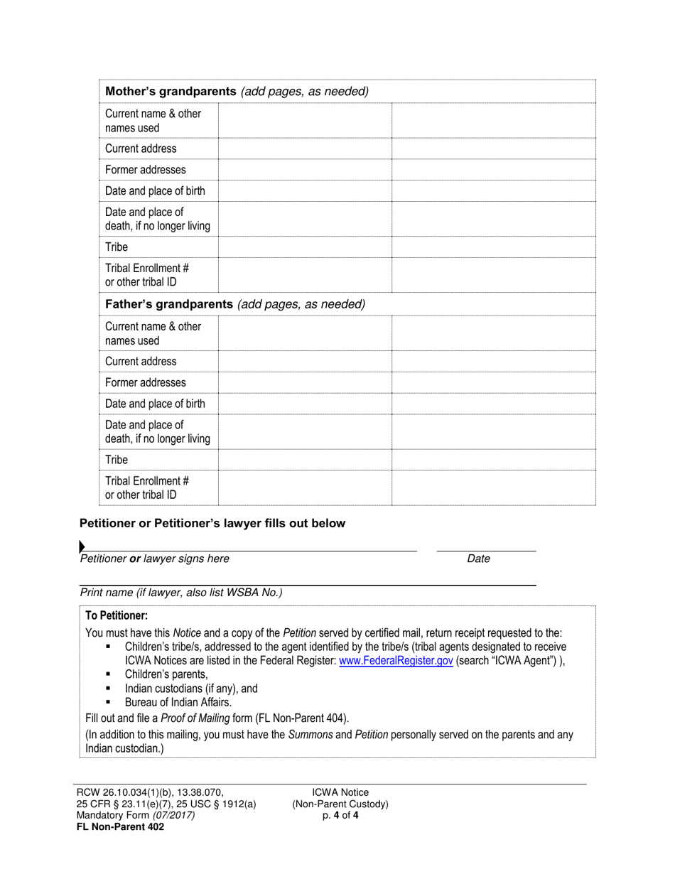 Form FL Non-Parent402 Indian Child Welfare Act Notice (Non-parent Custody) - Washington, Page 4