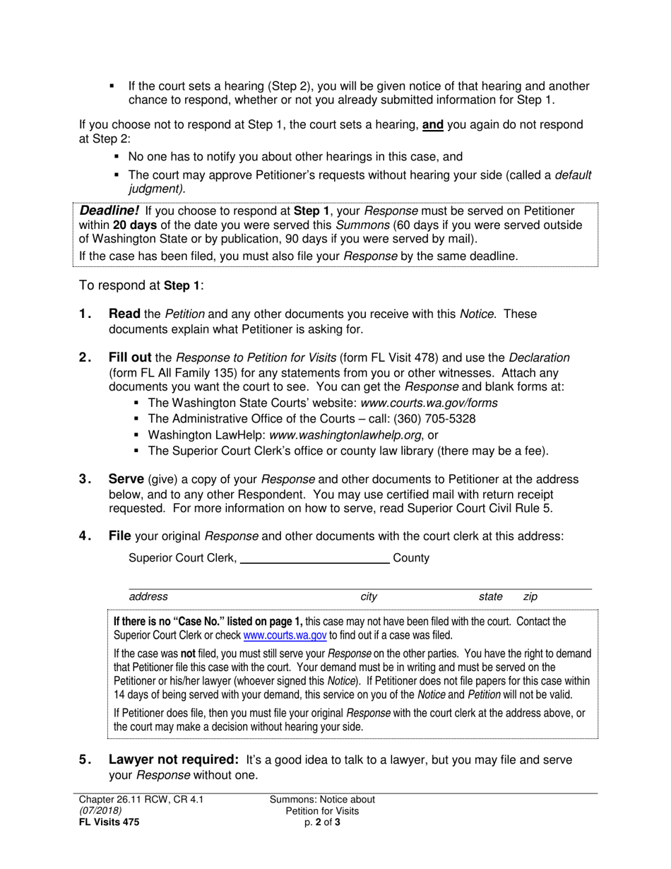 Form FL Visits475 Summons: Notice About Petition for Visits - Washington, Page 2