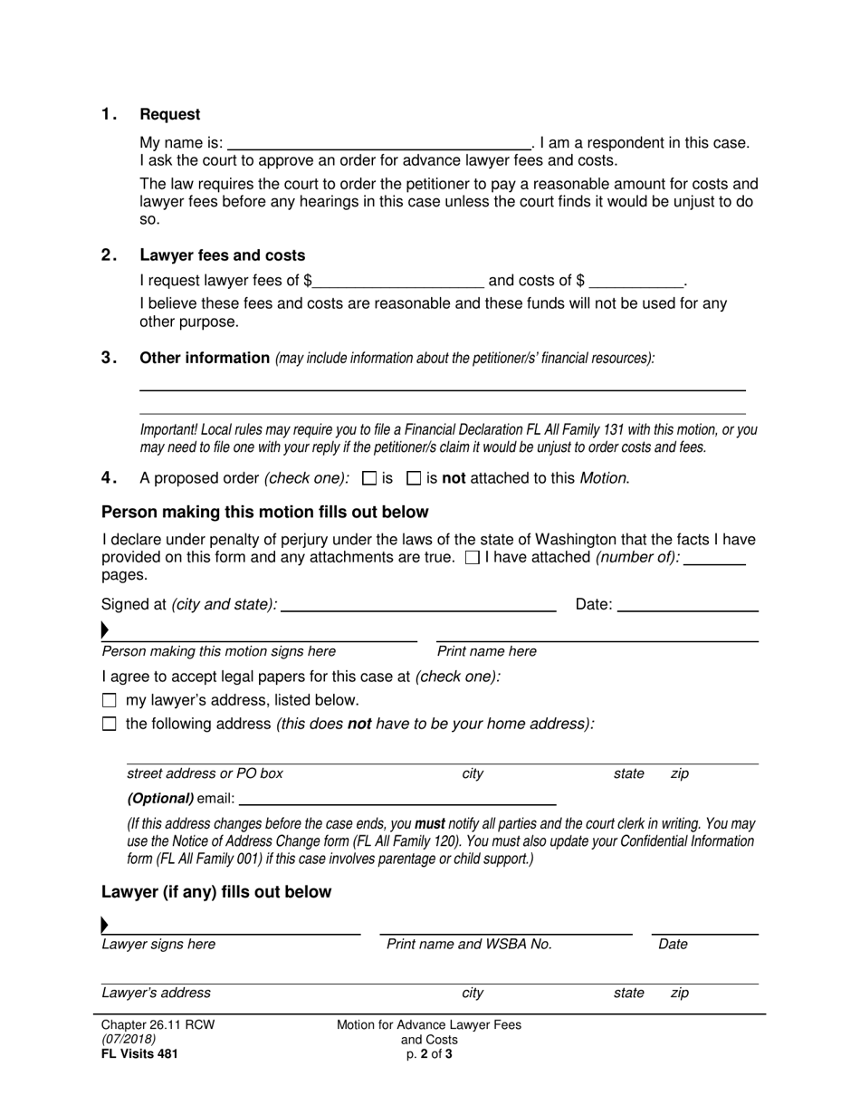 Form FL Visits481 Motion for Advance Lawyer Fees and Costs - Washington, Page 2