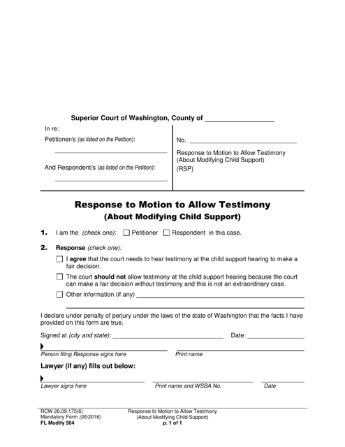 Form FL Modify504 Response to Motion to Allow Testimony (About Modifying Child Support) - Washington