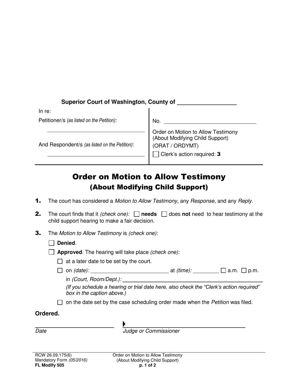 Form FL Modify505 Order on Motion to Allow Testimony (About Modifying Child Support) - Washington, Page 1