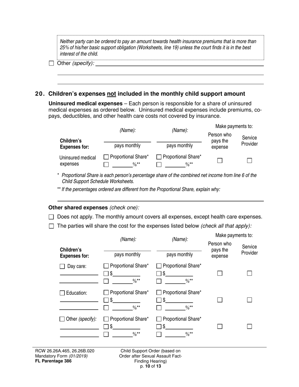 Form FL Parentage386 Child Support Order (Based on Order After Sexual Assault Fact-Finding Hearing) - Washington, Page 10