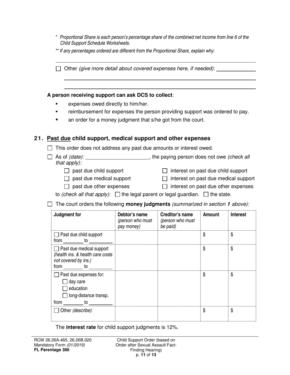 Form FL Parentage386 Child Support Order (Based on Order After Sexual Assault Fact-Finding Hearing) - Washington, Page 11
