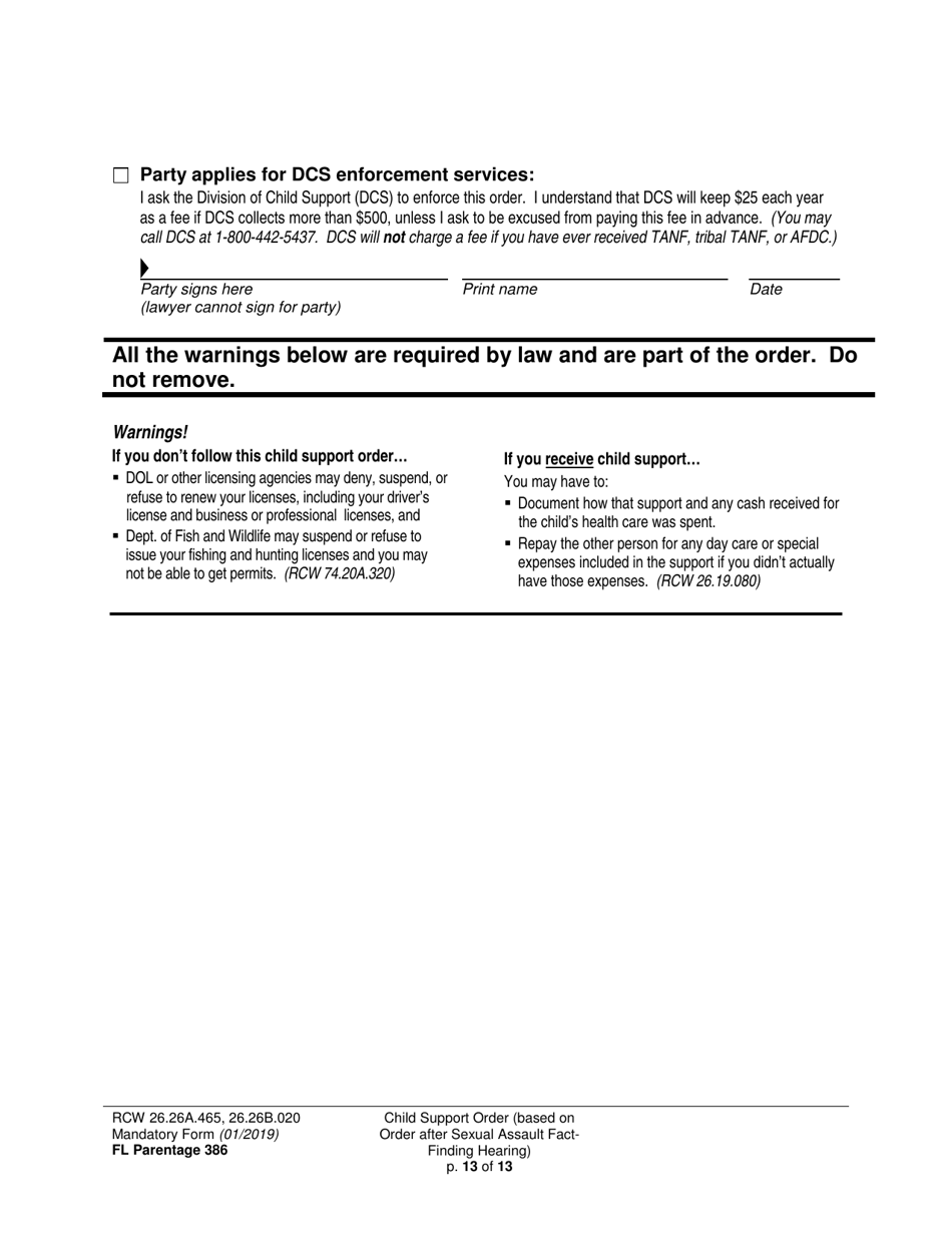 Form FL Parentage386 Child Support Order (Based on Order After Sexual Assault Fact-Finding Hearing) - Washington, Page 13