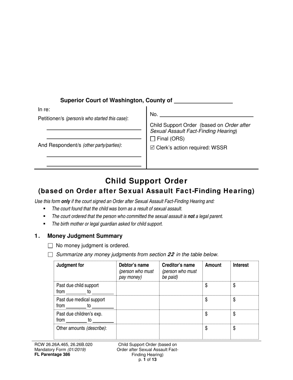 Form FL Parentage386 Child Support Order (Based on Order After Sexual Assault Fact-Finding Hearing) - Washington, Page 1