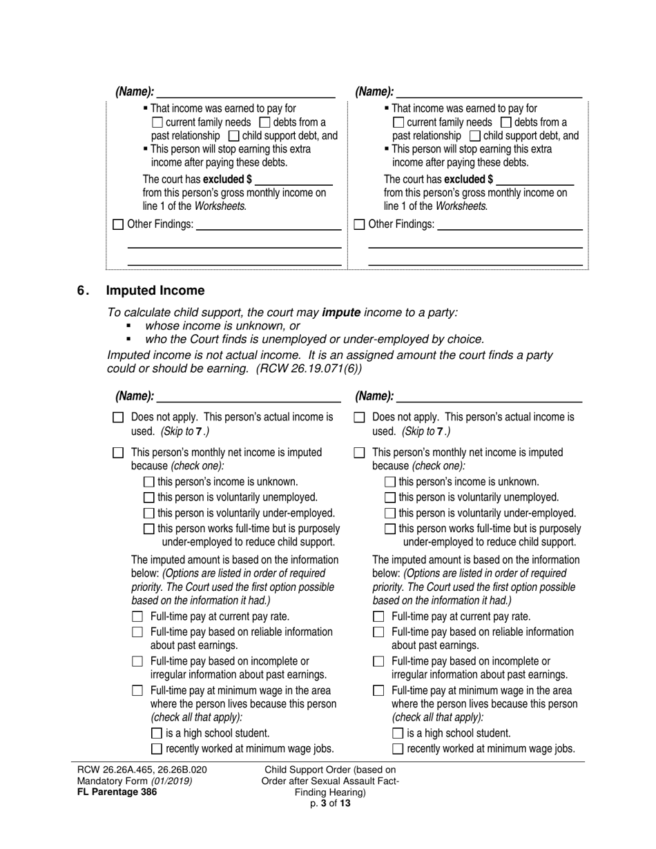 Form FL Parentage386 Child Support Order (Based on Order After Sexual Assault Fact-Finding Hearing) - Washington, Page 3