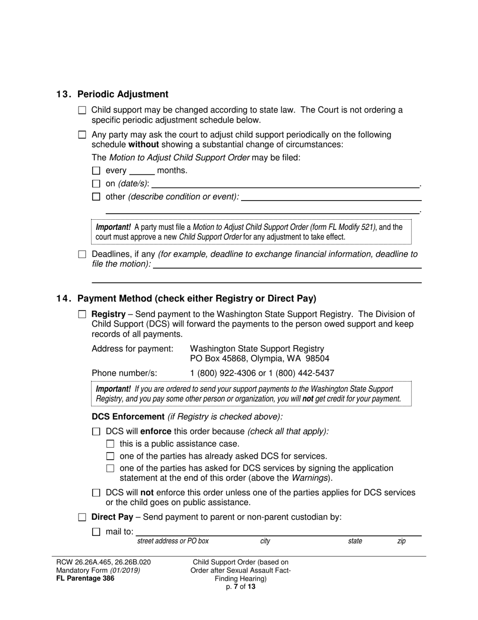 Form FL Parentage386 Child Support Order (Based on Order After Sexual Assault Fact-Finding Hearing) - Washington, Page 7