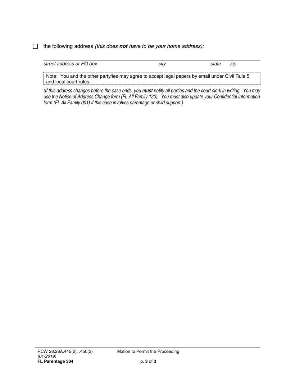 Form FL Parentage304 Motion to Permit Proceeding (By a Person Not Included in Acknowledgment or Court Decision) - Washington, Page 3