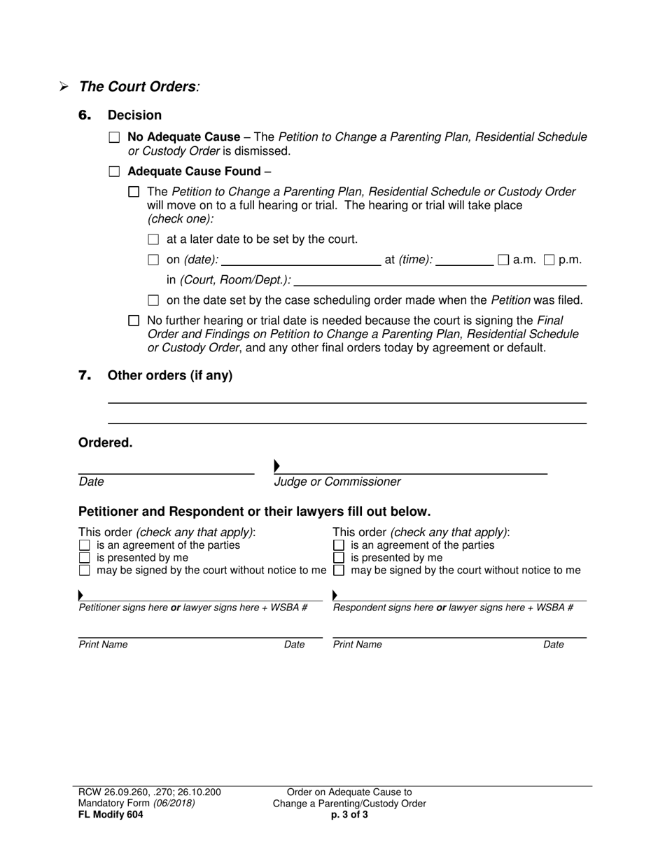 Form FL Modify604 Order on Adequate Cause to Change a Parenting / Custody Order - Washington, Page 3