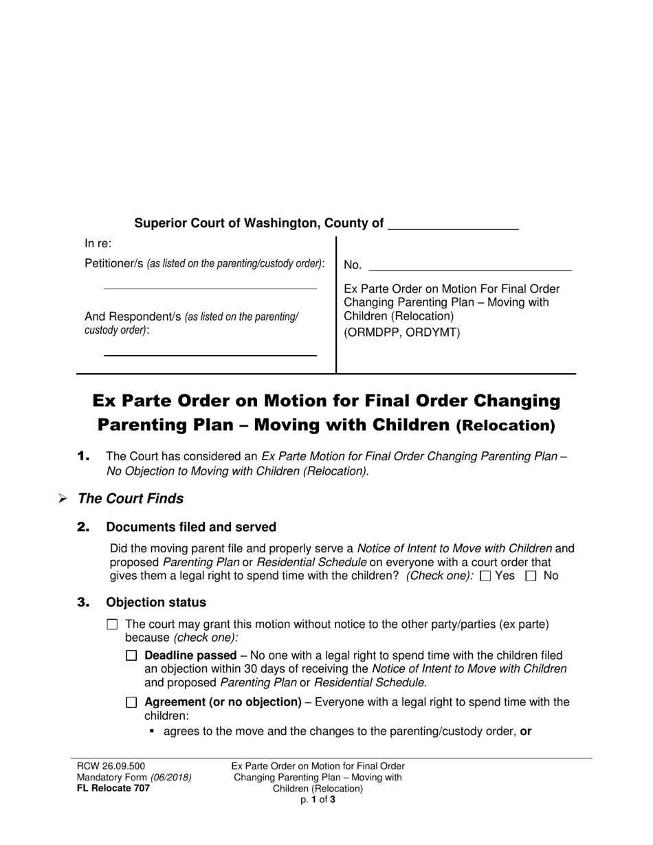 Form FL Relocate707 Ex Parte Order on Motion for Final Order Changing Parenting Plan - Moving With Children (Relocation) - Washington, Page 1