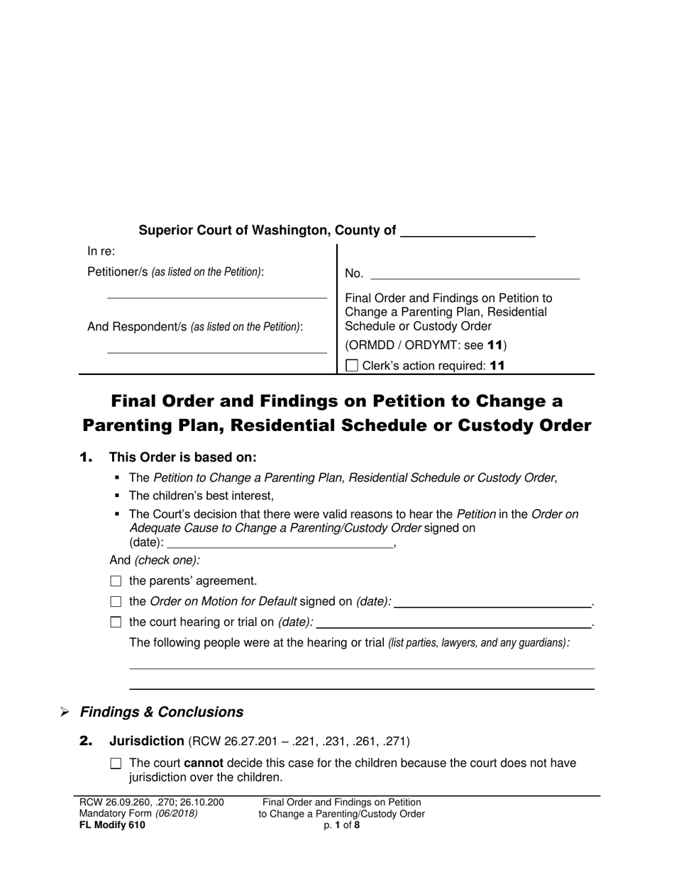 Form FL Modify610 Final Order and Findings on Petition to Change a Parenting Plan, Residential Schedule or Custody Order - Washington, Page 1