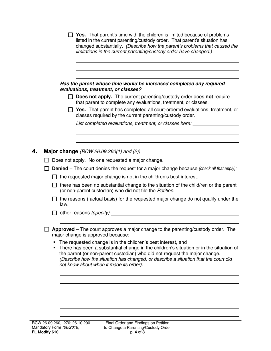Form FL Modify610 Final Order and Findings on Petition to Change a Parenting Plan, Residential Schedule or Custody Order - Washington, Page 4