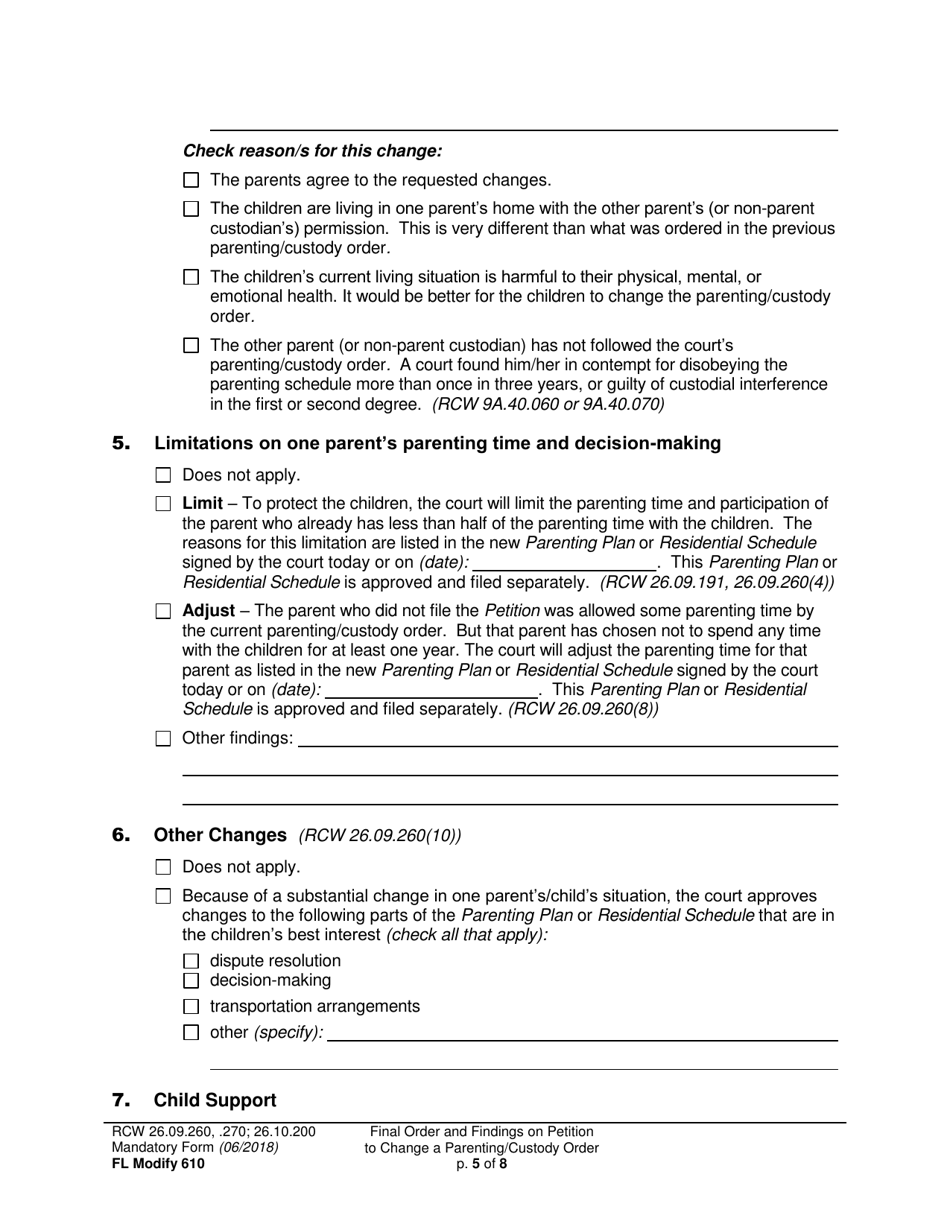 Form FL Modify610 Final Order and Findings on Petition to Change a Parenting Plan, Residential Schedule or Custody Order - Washington, Page 5
