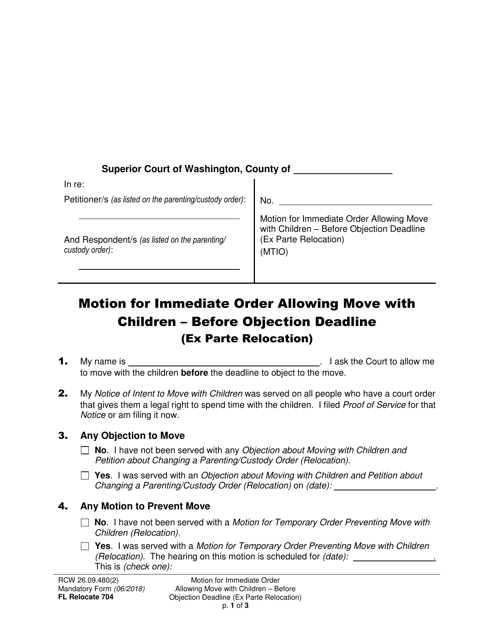Form FL Relocate704 Motion for Immediate Order Allowing Move With Children - Before Objection Deadline (Ex Parte Relocation) - Washington