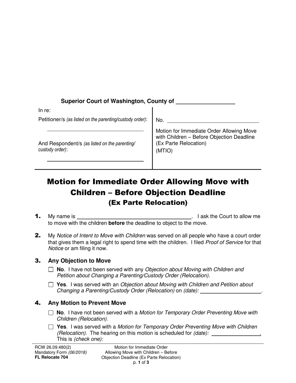 Form FL Relocate704 Motion for Immediate Order Allowing Move With Children - Before Objection Deadline (Ex Parte Relocation) - Washington, Page 1