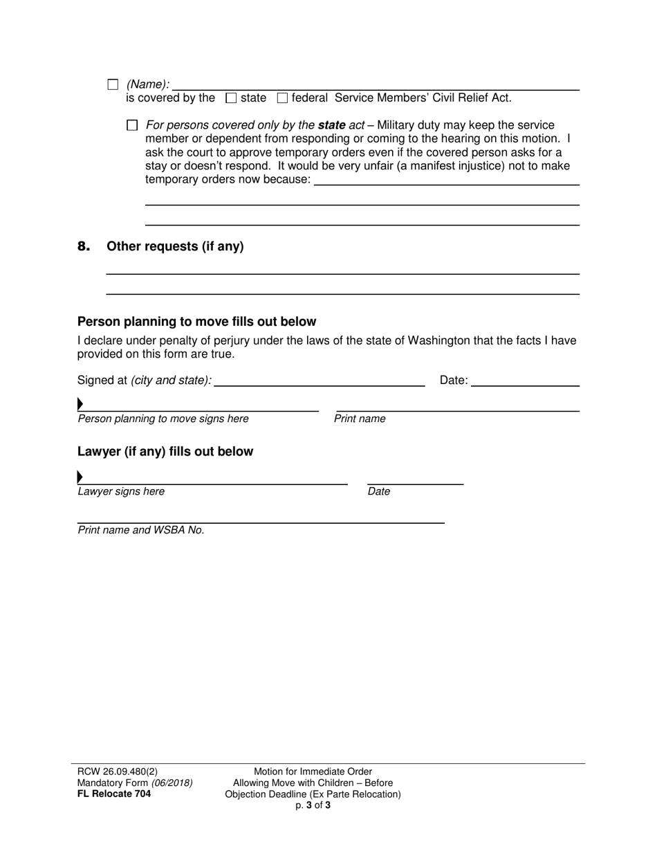 Form FL Relocate704 Motion for Immediate Order Allowing Move With Children - Before Objection Deadline (Ex Parte Relocation) - Washington, Page 3