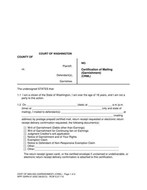 Form WPF GARN01.0300 Certification of Mailing (Garnishment) - Washington