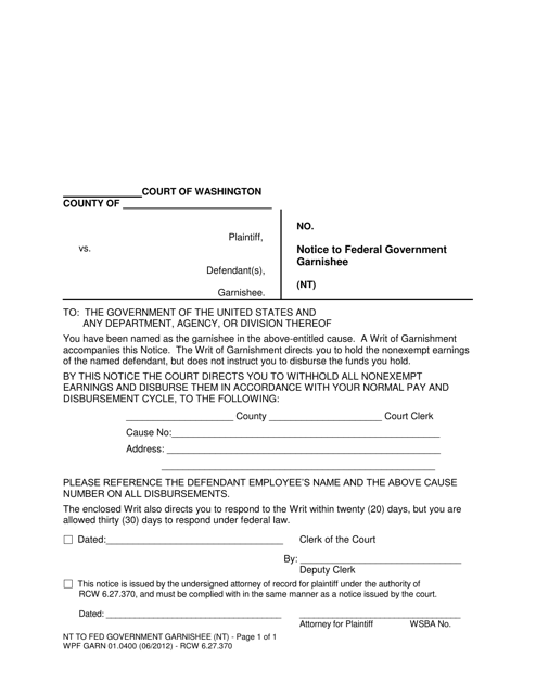 Form WPF GARN01.0400 Notice to Federal Government Garnishee - Washington