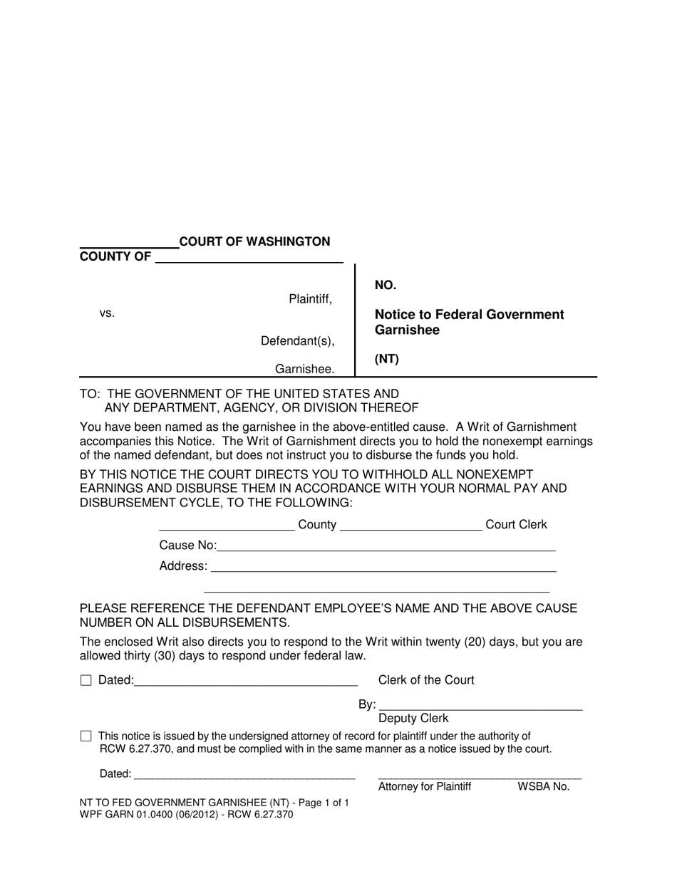 Form WPF GARN01.0400 Notice to Federal Government Garnishee - Washington, Page 1