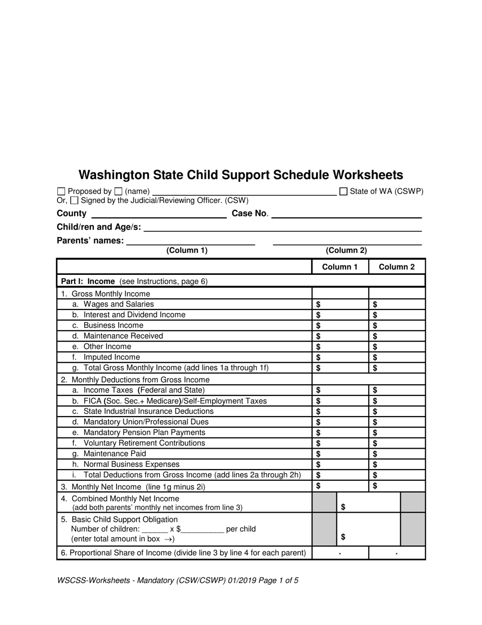 Washington State Child Support Schedule Worksheets - Washington, Page 1