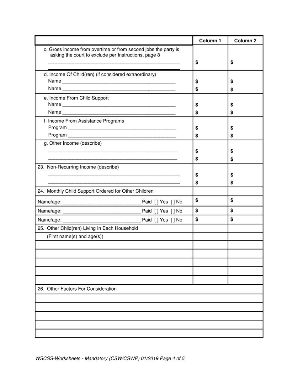 Washington State Child Support Schedule Worksheets - Washington, Page 4