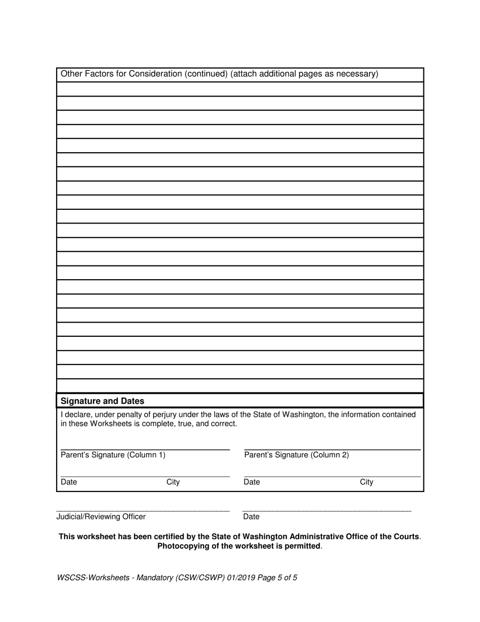 Washington State Child Support Schedule Worksheets - Washington, Page 5