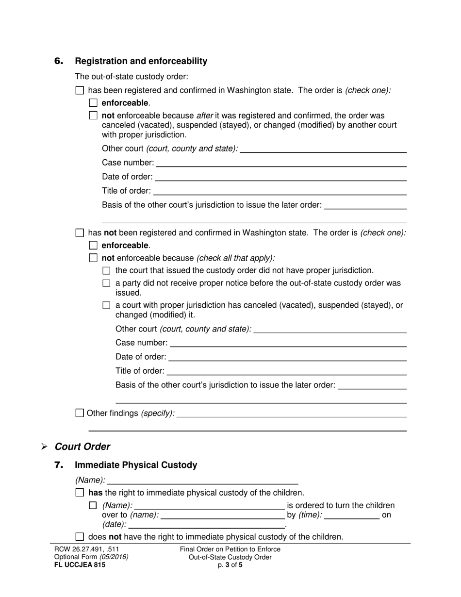 Form FL UCCJEA815 Final Order on Petition to Enforce Out-of-State Custody Order - Washington, Page 3