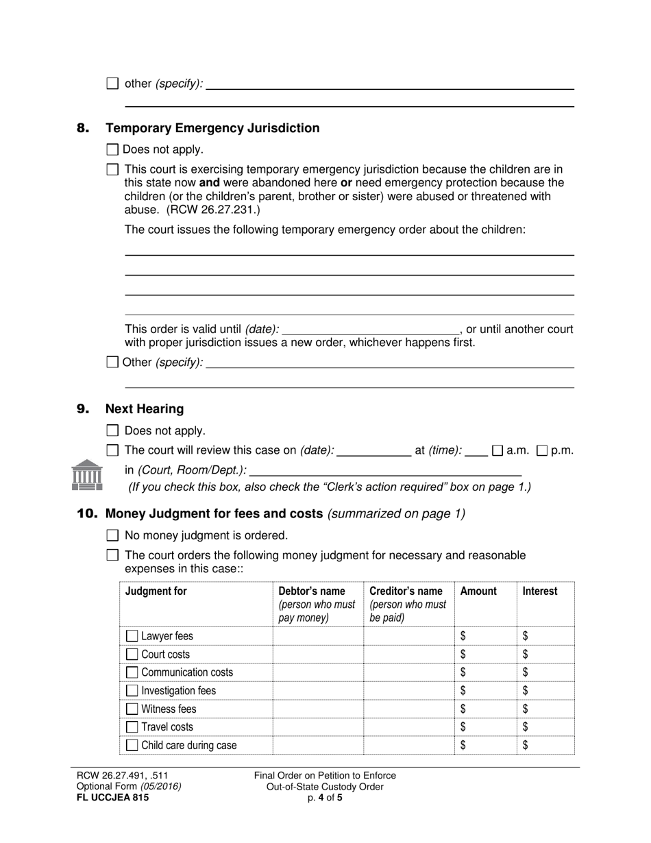 Form FL UCCJEA815 Final Order on Petition to Enforce Out-of-State Custody Order - Washington, Page 4