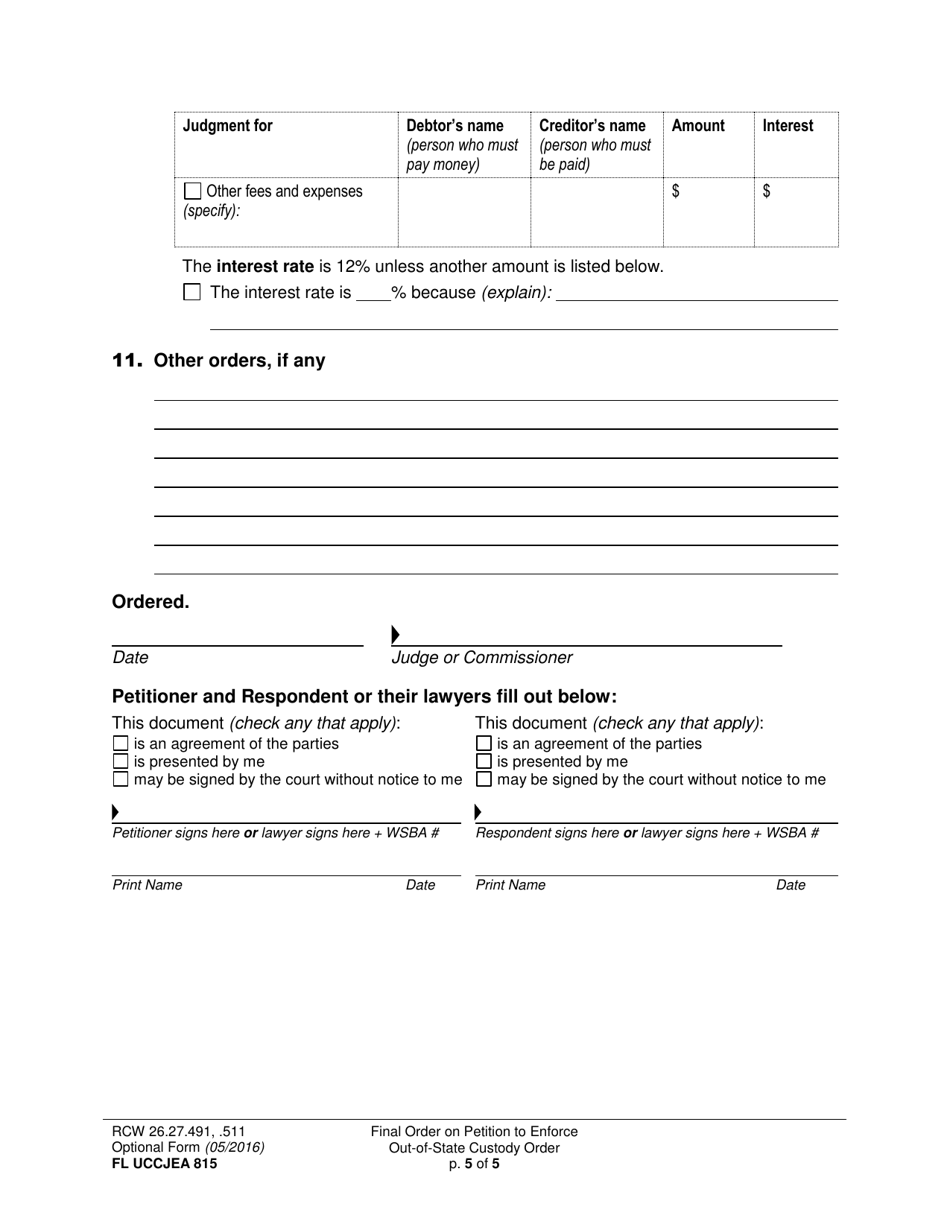 Form FL UCCJEA815 Final Order on Petition to Enforce Out-of-State Custody Order - Washington, Page 5
