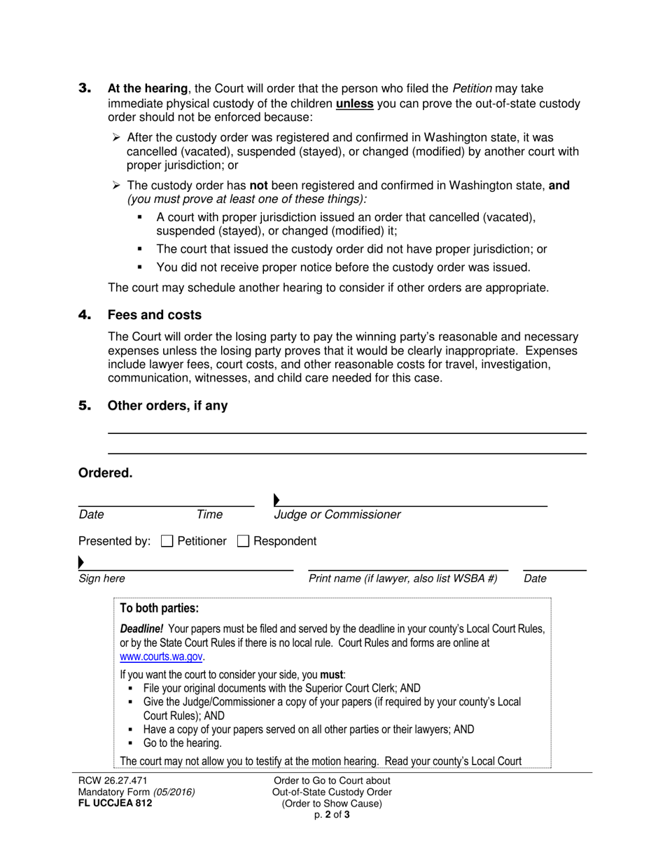 Form FL UCCJEA812 Order to Go to Court About Out-of-State Custody Order (Order to Show Cause) - Washington, Page 2