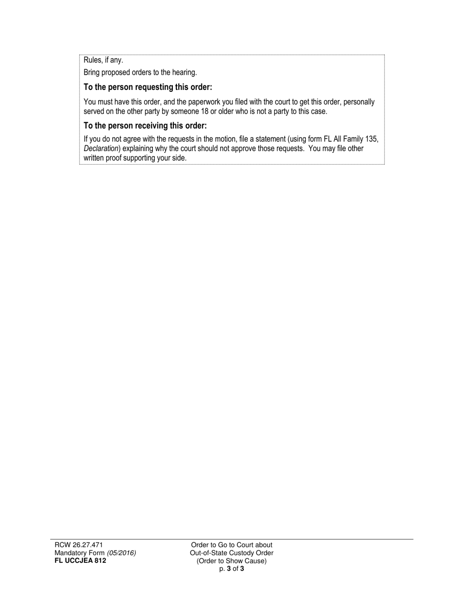 Form FL UCCJEA812 Order to Go to Court About Out-of-State Custody Order (Order to Show Cause) - Washington, Page 3
