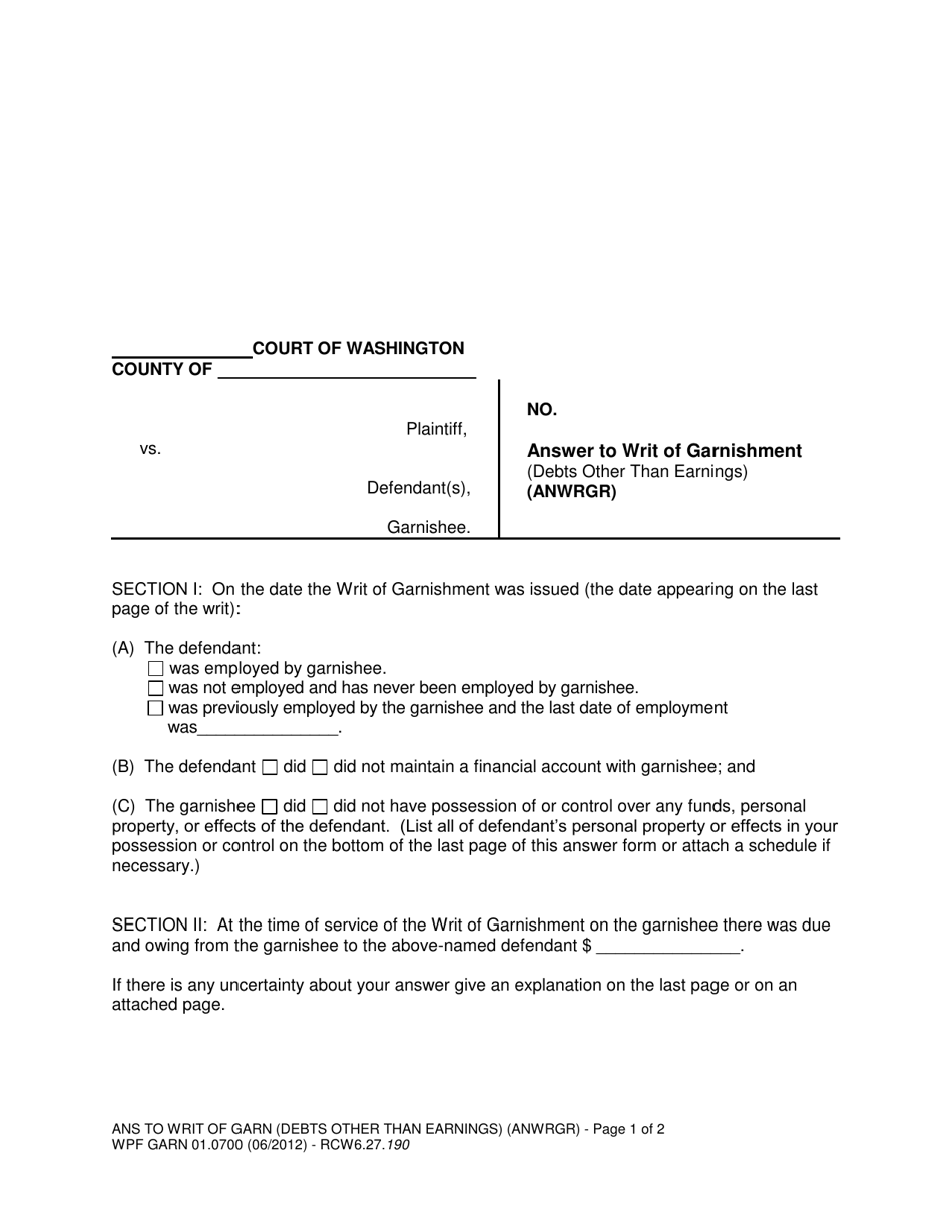Form WPF GARN01.0700 Answer to Writ of Garnishment (Debts Other Than Earnings) - Washington, Page 1