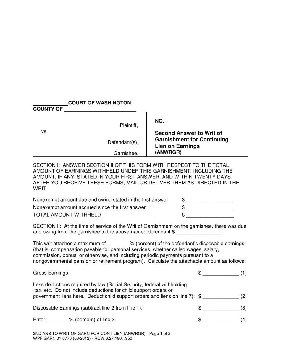 Form WPF GARN01.0770 Second Answer to Writ of Garnishment for Continuing Lien on Earnings - Washington, Page 1