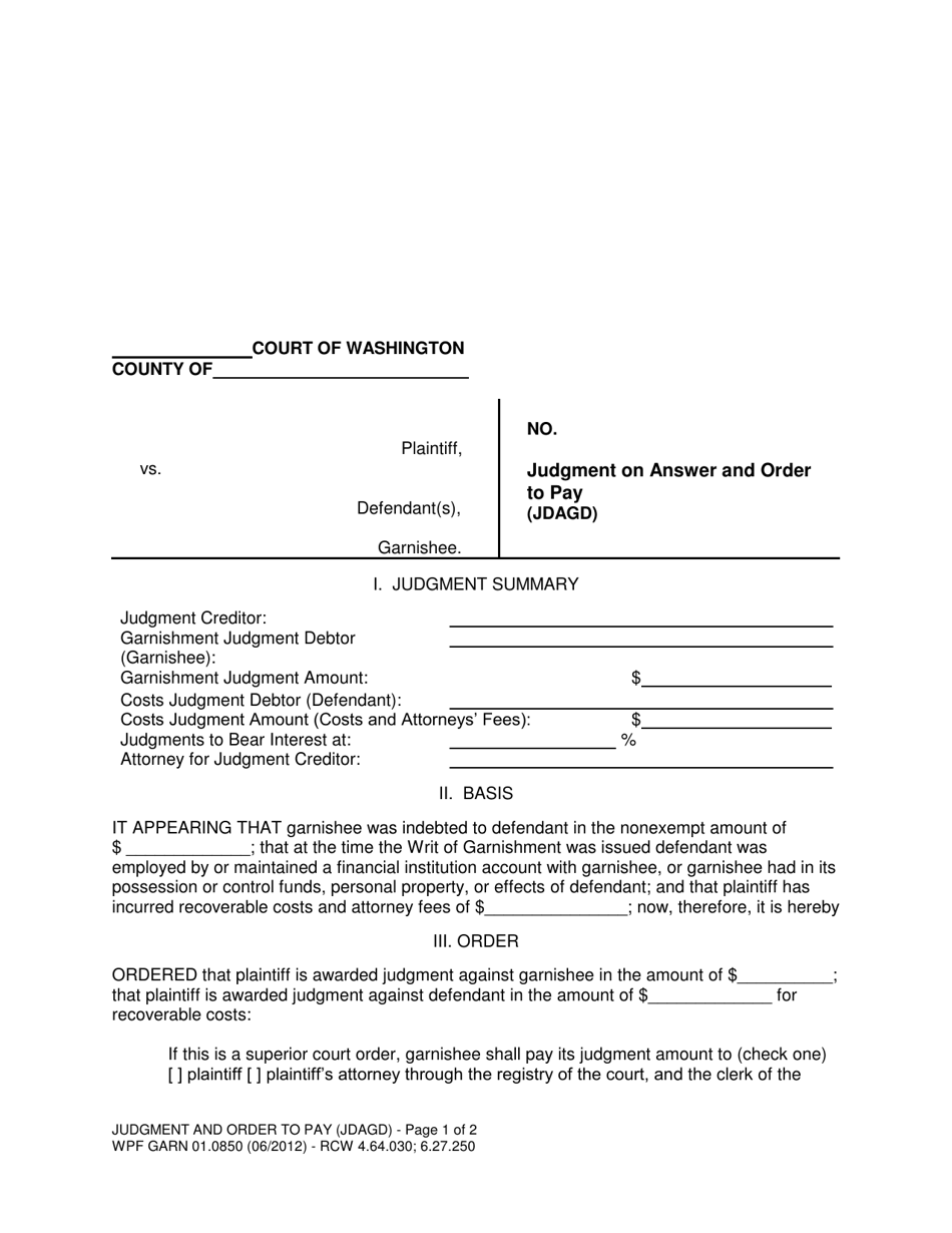 Form WPF GARN01.0850 Judgment on Answer and Order to Pay (Jdagd) - Washington, Page 1