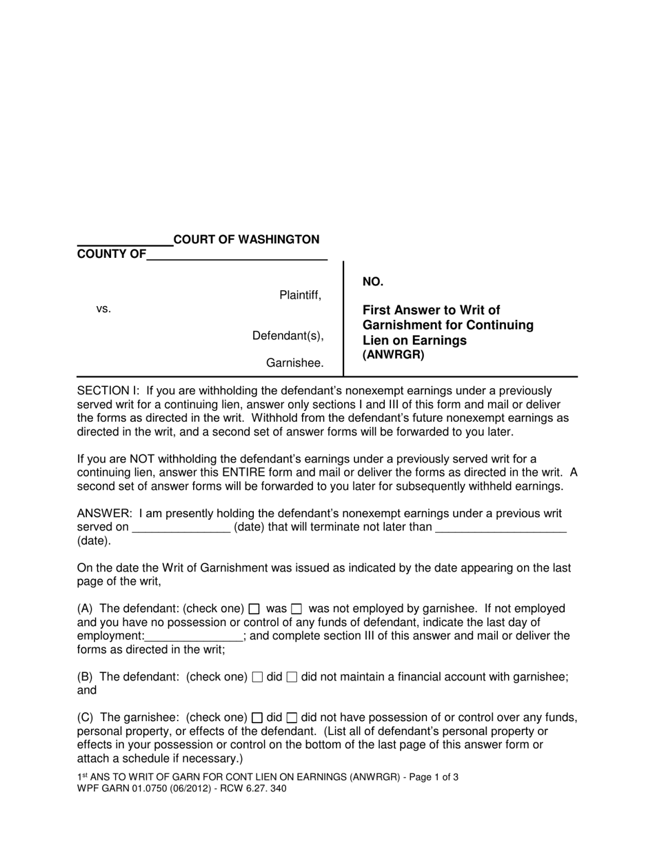 Form WPF GARN01.0750 First Answer to Writ of Garnishment for Continuing Lien on Earnings (Anwrgr) - Washington, Page 1