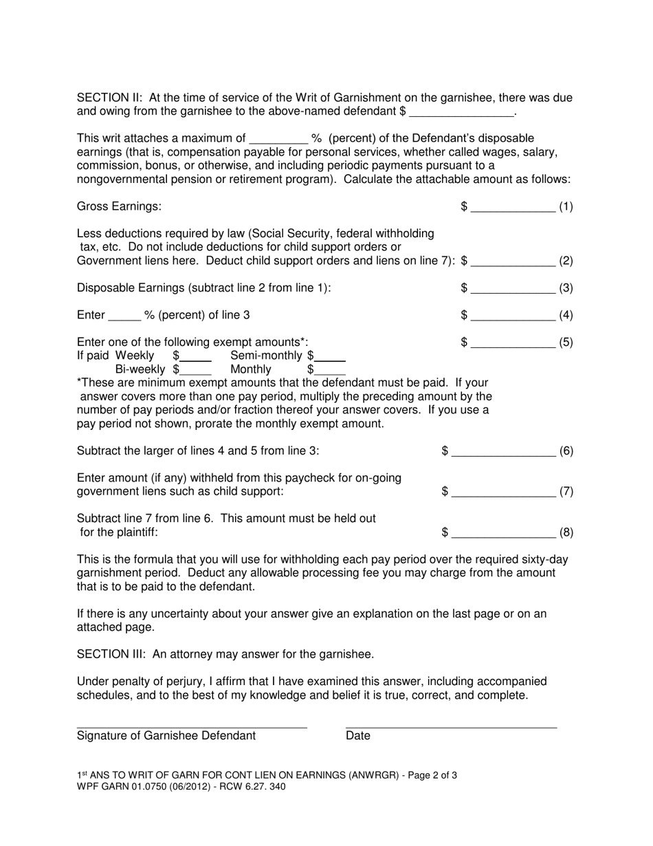 Form WPF GARN01.0750 First Answer to Writ of Garnishment for Continuing Lien on Earnings (Anwrgr) - Washington, Page 2