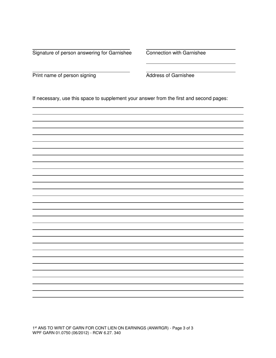 Form WPF GARN01.0750 First Answer to Writ of Garnishment for Continuing Lien on Earnings (Anwrgr) - Washington, Page 3