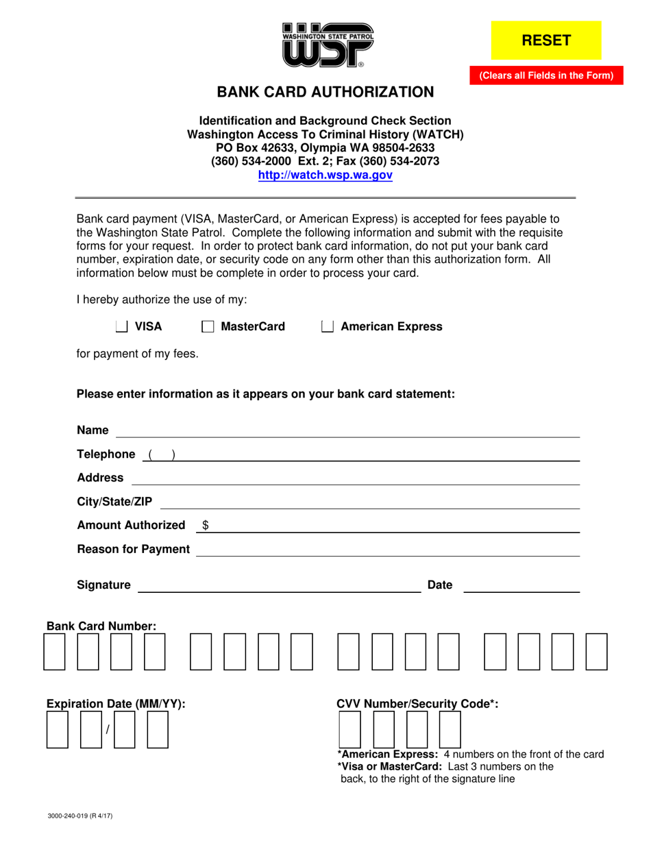 Form 3000-240-019 Bank Card Authorization - Washington, Page 1