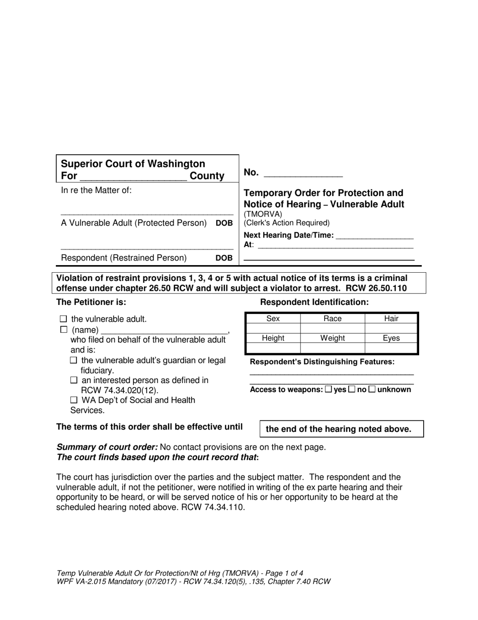 Form WPF VA-2.015 Temporary Order for Protection and Notice of Hearing - Vulnerable Adult - Washington, Page 1