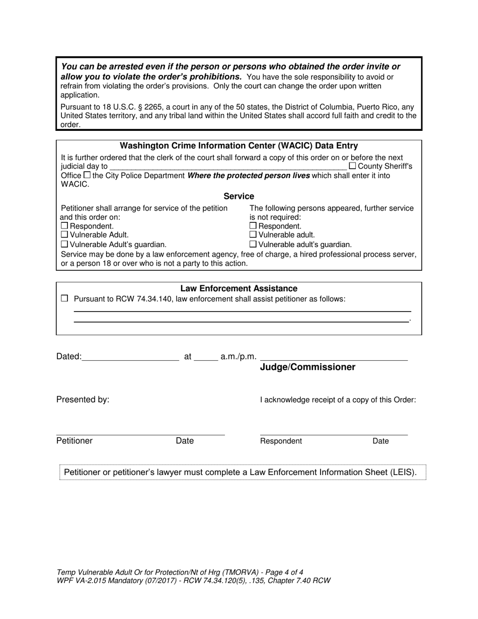Form WPF VA-2.015 Temporary Order for Protection and Notice of Hearing - Vulnerable Adult - Washington, Page 4