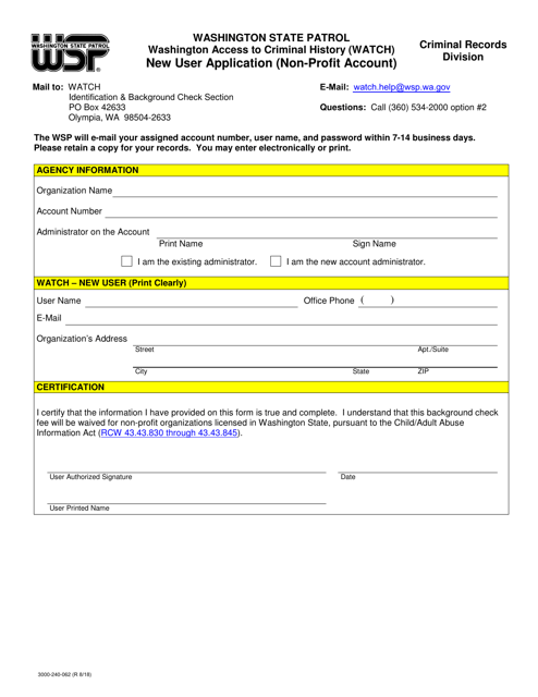 Form 3000-240-062 New User Application (Non-profit Account) - Washington