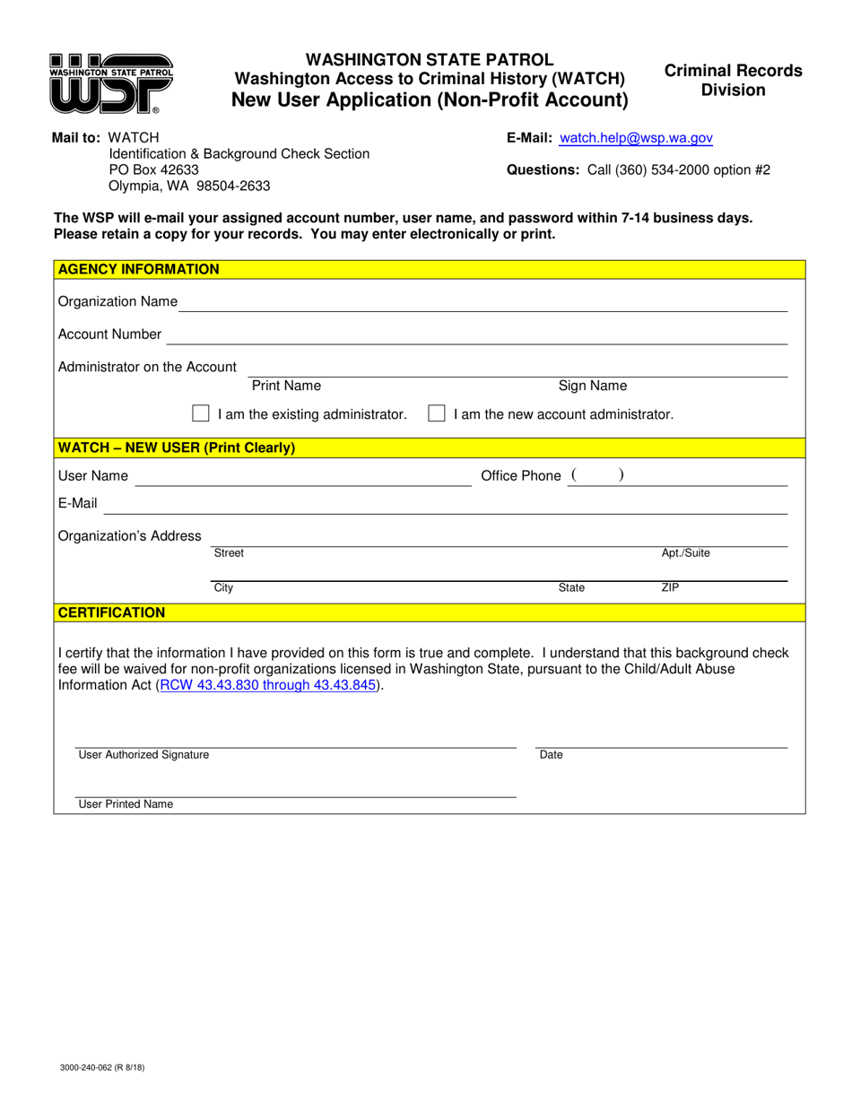 Form 3000-240-062 New User Application (Non-profit Account) - Washington, Page 1