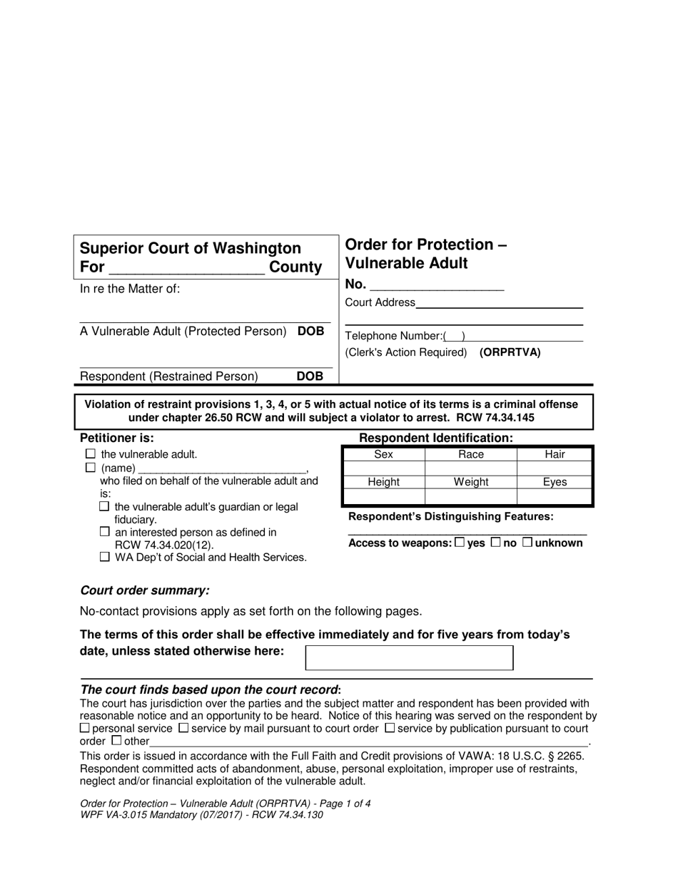 Form WPF VA-3.015 Order for Protection - Vulnerable Adult - Washington, Page 1