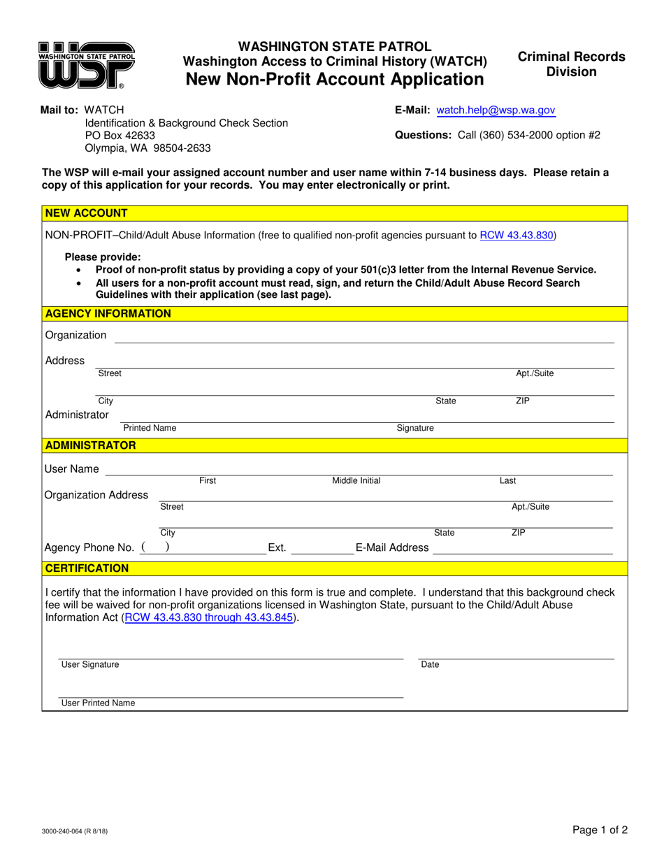 Form 3000-240-064 Washington Access to Criminal History (Watch) New Non-profit Account Application - Washington, Page 1